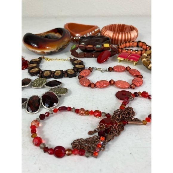 Boho Red Brown Orange Jewelry Lot Bracelets Bangles Necklaces Chunky Mixed Set - Picture 8 of 12